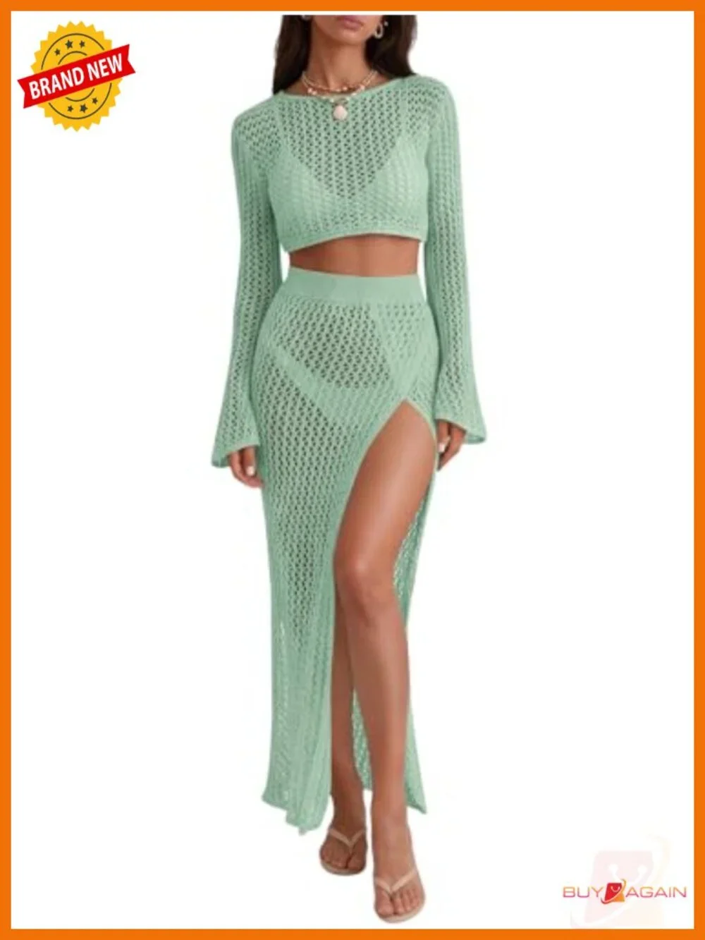 Crochet 2 Piece Beach Cover Up Set - Boat Neck Crop Top & Maxi Skirt